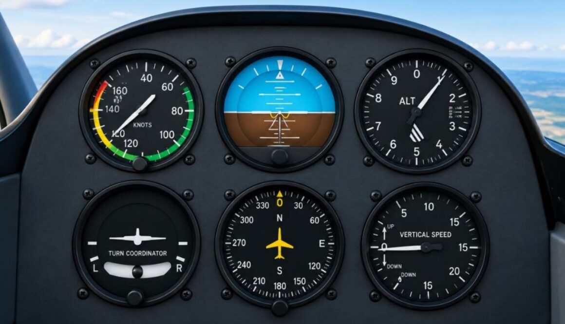 Complete aircraft panel displaying the classic 6 pack instruments used for basic flight control.