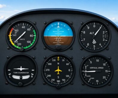 Complete aircraft panel displaying the classic 6 pack instruments used for basic flight control.