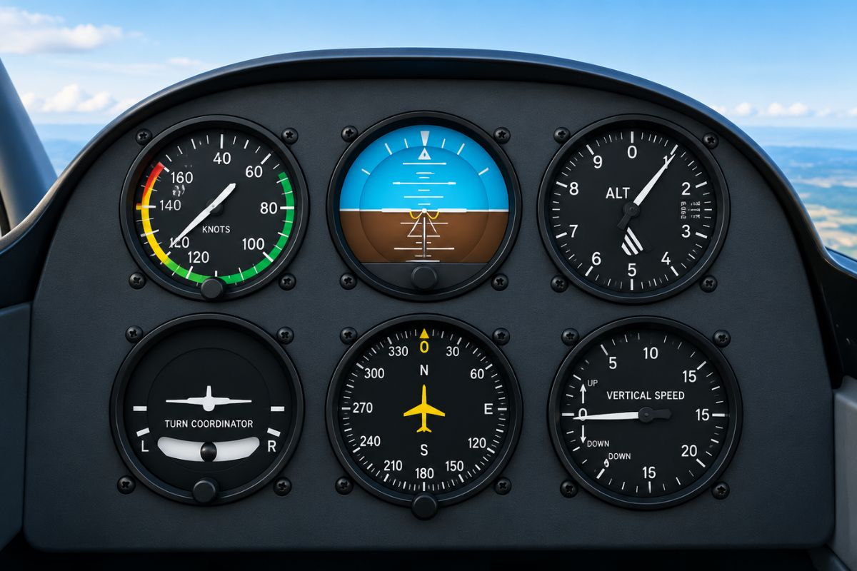 Complete aircraft panel displaying the classic 6 pack instruments used for basic flight control.