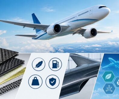 Commercial jet in flight highlighting the lightweight strength and efficiency of aircraft composites.