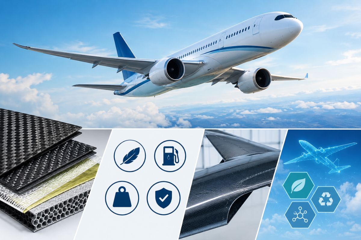 Commercial jet in flight highlighting the lightweight strength and efficiency of aircraft composites.